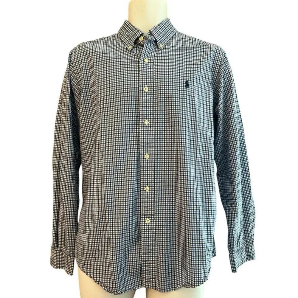 Polo Ralph Lauren Mens Large Blue White Check Long Sleeve Button Shirt Pony Vtg